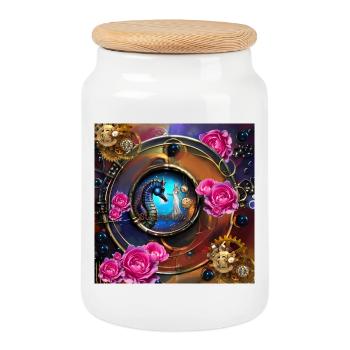 Beautiful steampunk design with seahorses - Cookie Jar with Wooden Lid - white - Front