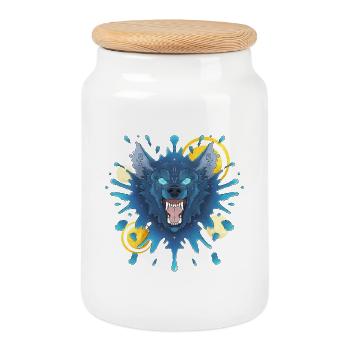 Blue Ink Spirits - Evil Growling Ink Wolf - Cookie Jar with Wooden Lid - white - Front