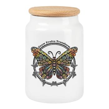 Boho Style Butterfly - Grow Evolve Transform - Cookie Jar with Wooden Lid - white - Front