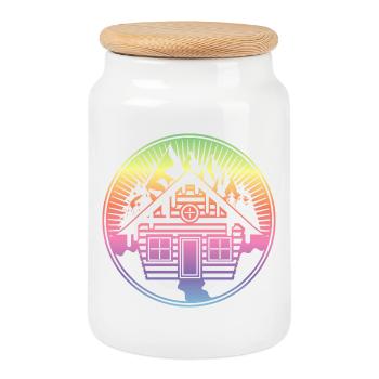 small snowy hut in the mountains in winter - Cookie Jar with Wooden Lid - white - Front