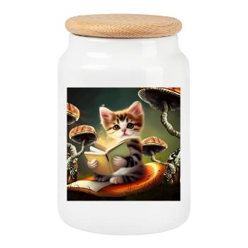 A cute kitten reading adventures - Cookie Jar with Wooden Lid - white - Front