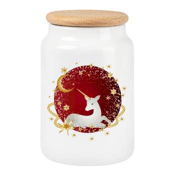 Boule rouge avec licorne imaginative et étoiles - Boîte à biscuits avec couvercle en bois - blanc - Devant