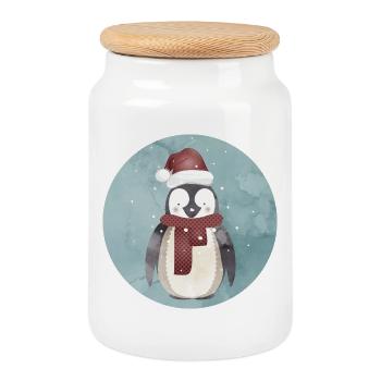 pingouin mignon du Père Noël pour Noël - Boîte à biscuits avec couvercle en bois - blanc - Devant