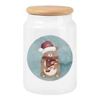 ours d’or pour Noël avec chapeau de Noël - Boîte à biscuits avec couvercle en bois - blanc - Devant