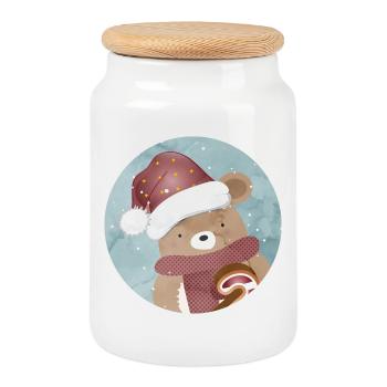 ours d’or pour Noël avec chapeau de Noël - Boîte à biscuits avec couvercle en bois - blanc - Devant