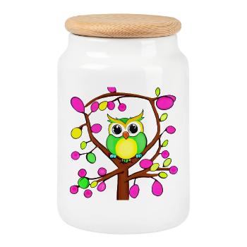 Happy owl in a multicolored tree - Cookie Jar with Wooden Lid - white - Front
