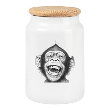 Laughing Monkey Black & White - Cookie Jar with Wooden Lid - white - Front