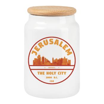Jerusalem Retro Stadtbadge - Keksdose mit Holzdeckel - Weiß - Vorne