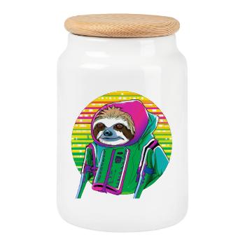 Cyber Punk Sloth - Ukiyo-e Stil. - Keksdose mit Holzdeckel - Weiß - Vorne