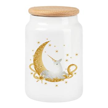 Croissant avec licorne imaginative et étoiles - Boîte à biscuits avec couvercle en bois - blanc - Devant