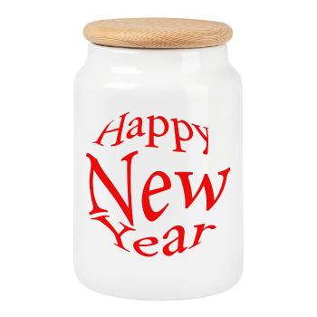 Happy New Year - Cookie Jar with Wooden Lid - white - Front