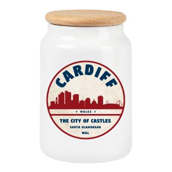 Cardiff Skyline Vintage Badge - Cookie Jar with Wooden Lid - white - Front