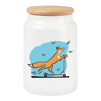 Fox with scooter - Cookie Jar with Wooden Lid - white - Front