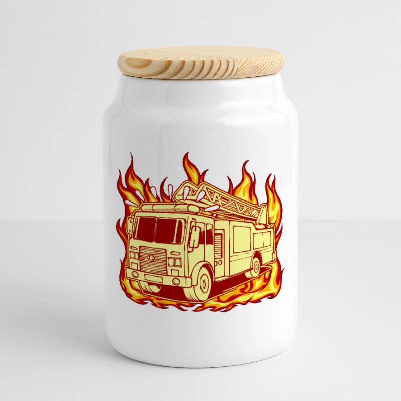 Fire engine fire brigade fire protection Cookie Jar with Wooden Lid