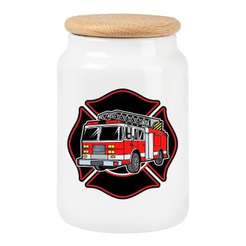 Fire brigade fire engine fire protection extinguishing work - Cookie Jar with Wooden Lid - white - Front