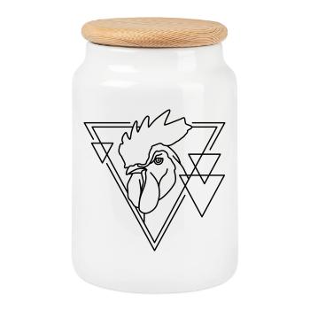 Rooster in Geometric Shape - Line Art Design - Cookie Jar with Wooden Lid - white - Front