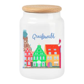 Greifswald, maisons à colombages colorées, Allemagne de l'Est - Boîte à biscuits avec couvercle en bois - blanc - Devant