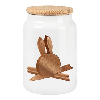 Rabbit head in wood look with wood grain - Cookie Jar with Wooden Lid - white - Front