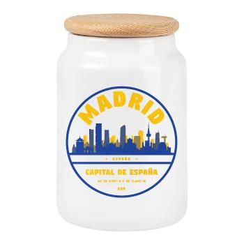 Madrid Skyline Emblem – Capital City of Spain - Cookie Jar with Wooden Lid - white - Front
