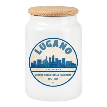 Lugano Skyline Badge - Cookie Jar with Wooden Lid - white - Front
