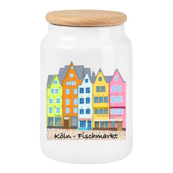Cologne, Fish Market, Stapelhäuschen, Germany - Cookie Jar with Wooden Lid - white - Front
