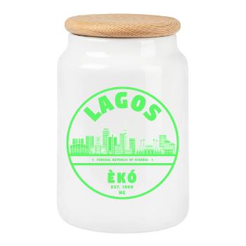 Lagos Neon Skyline Green - Boîte à biscuits avec couvercle en bois - blanc - Devant