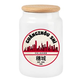 Guangzhou Skyline Emblem 1918 - Cookie Jar with Wooden Lid - white - Front
