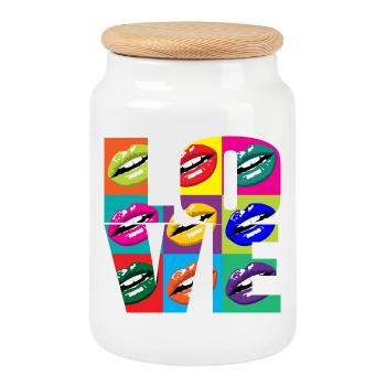 Mehrfarbige Pop-Art-Lippen - Keksdose mit Holzdeckel - Weiß - Vorne