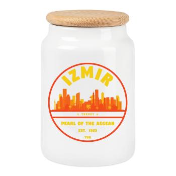 Izmir Skyline Badge – Pearl of the Aegean Sea - Cookie Jar with Wooden Lid - white - Front