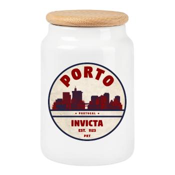 Porto Skyline Invicta Badge - Keksdose mit Holzdeckel - Weiß - Vorne