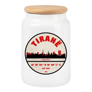 Tirana Skyline Vintage Rubber Stamp - Cookie Jar with Wooden Lid - white - Front