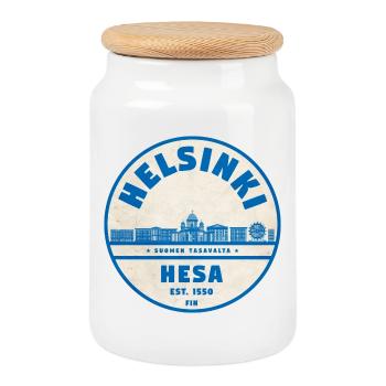 Helsinki Skyline Emblem 1550 - Keksdose mit Holzdeckel - Weiß - Vorne