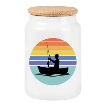 fishing, fisherman, fishing rod - Cookie Jar with Wooden Lid - white - Front