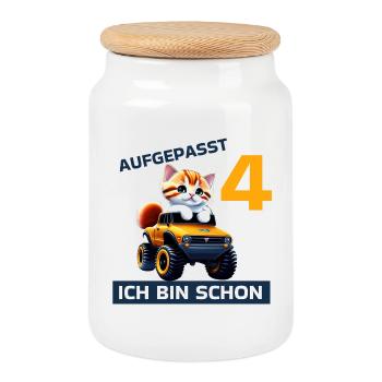 4. Geburtstag Katze auf Monstertruck 4 Jahre alt - Keksdose mit Holzdeckel - Weiß - Vorne
