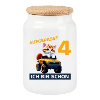 4. Geburtstag Katze auf Monstertruck 4 Jahre alt - Keksdose mit Holzdeckel - Weiß - Vorne
