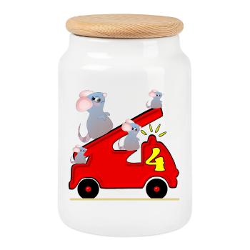 Four - 4th Birthday - Fire Engine - Toddler Mice - Cookie Jar with Wooden Lid - white - Front