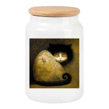 Golden Cat Arabesques - Stoik the Cat - Cookie Jar with Wooden Lid - white - Front