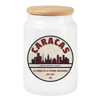 Caracas Skyline Vintage Badge - Cookie Jar with Wooden Lid - white - Front