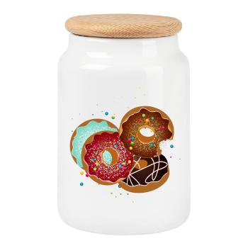 Quatre beignets brillamment glacés avec beaucoup de saupoudrage - Boîte à biscuits avec couvercle en bois - blanc - Devant