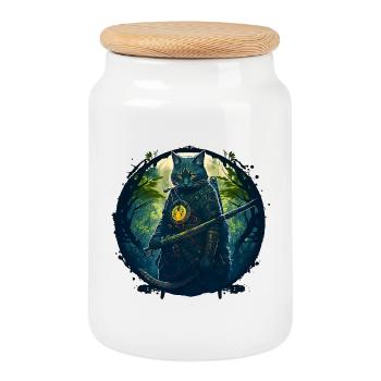 Cat as samurai in forest - Cookie Jar with Wooden Lid - white - Front