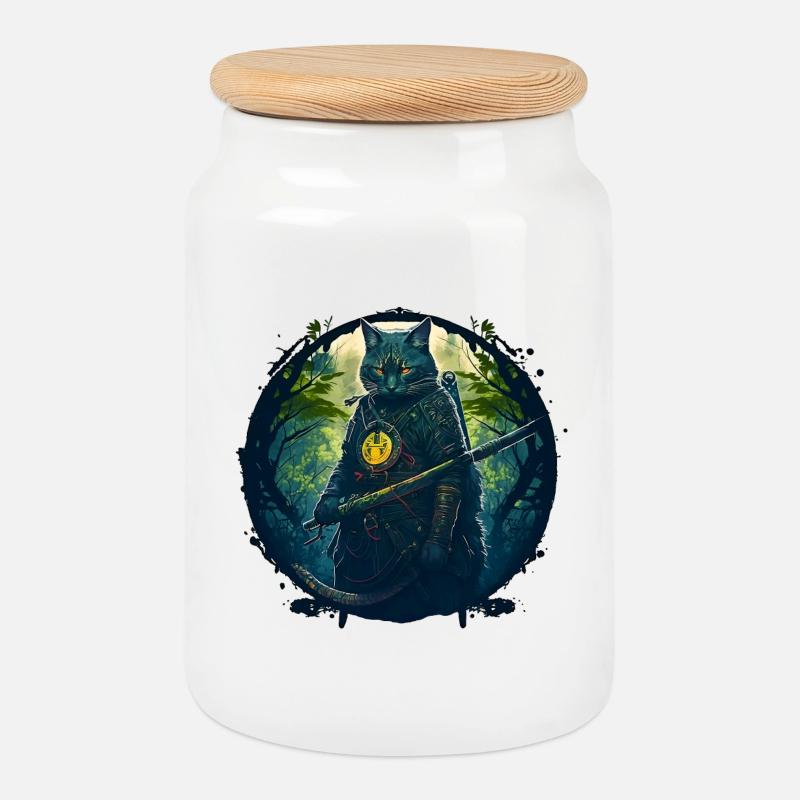 Katze als Samurai in Wald - Keksdose mit Holzdeckel - Weiß