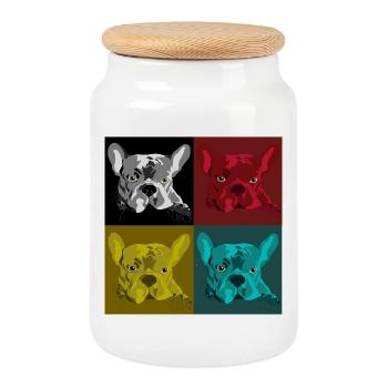 Frenchie Pop Art Vierfarb Design - Keksdose mit Holzdeckel - Weiß - Vorne