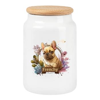 Bouledogue français dans cadre fleuri - Boîte à biscuits avec couvercle en bois - blanc - Devant