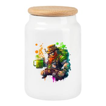 Steampunk Leprechaun mit Hut und Fass - Keksdose mit Holzdeckel - Weiß - Vorne