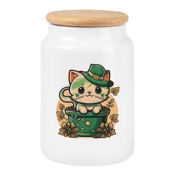 Katze im Blumentopf St. Patrick s Day - Keksdose mit Holzdeckel - Weiß - Vorne