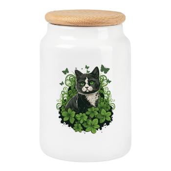 Schwarz-Weiße Katze mit Efeu und Schmetterlingen - Keksdose mit Holzdeckel - Weiß - Vorne