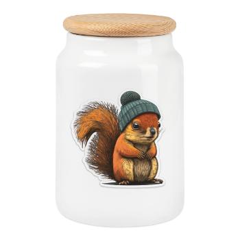 Écureuil au bonnet - Boîte à biscuits avec couvercle en bois - blanc - Devant