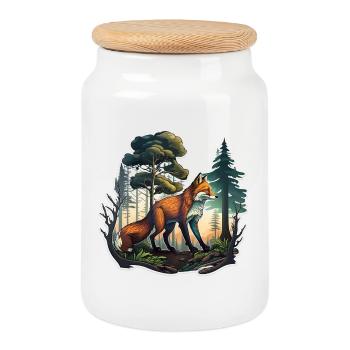 Fox in the forest - Cookie Jar with Wooden Lid - white - Front