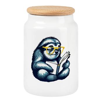 Sloth reads a book, read, books, library - Cookie Jar with Wooden Lid - white - Front