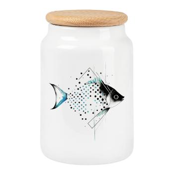 Geometrischer Fisch mit Blaustich - Keksdose mit Holzdeckel - Weiß - Vorne